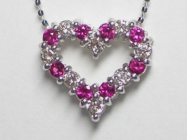 K18WG ホワイトゴールドダイヤモンド/ルビーハート ペンダント  